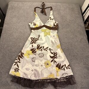 Y2K Babydoll Halter Dress Womens Medium White Floral Ruffle Empire Layered Fairy